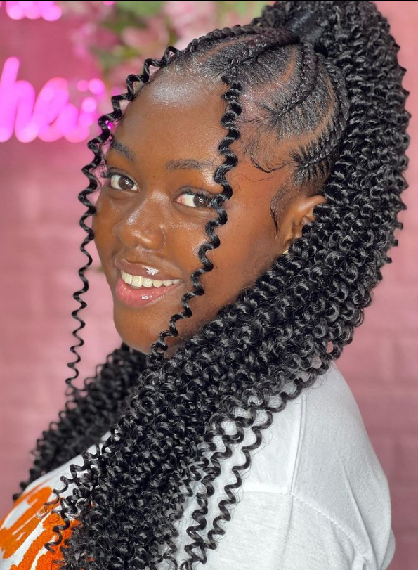 Cornrow Braids in a Curly High Ponytail with Curly Weft Hair Extensions
